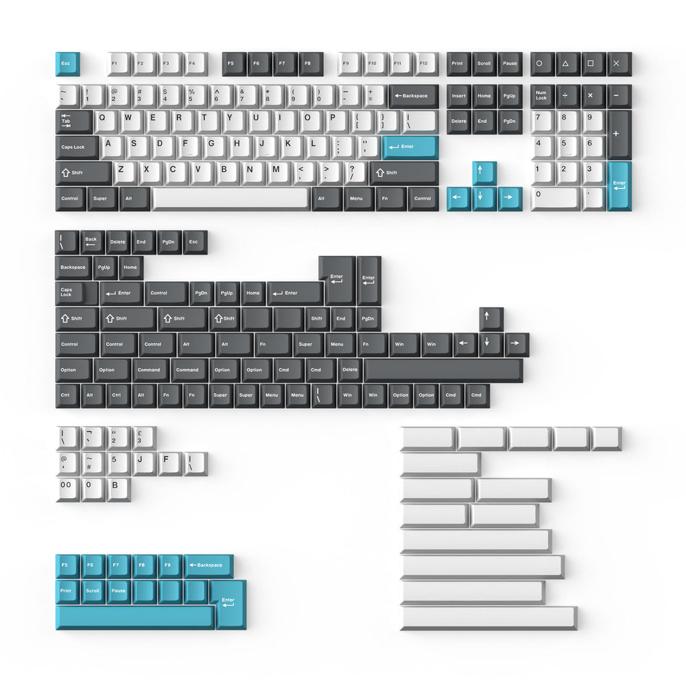 Cherry Profile Double - Shot PBT Full Set Keycaps - Grey, White, and Blue