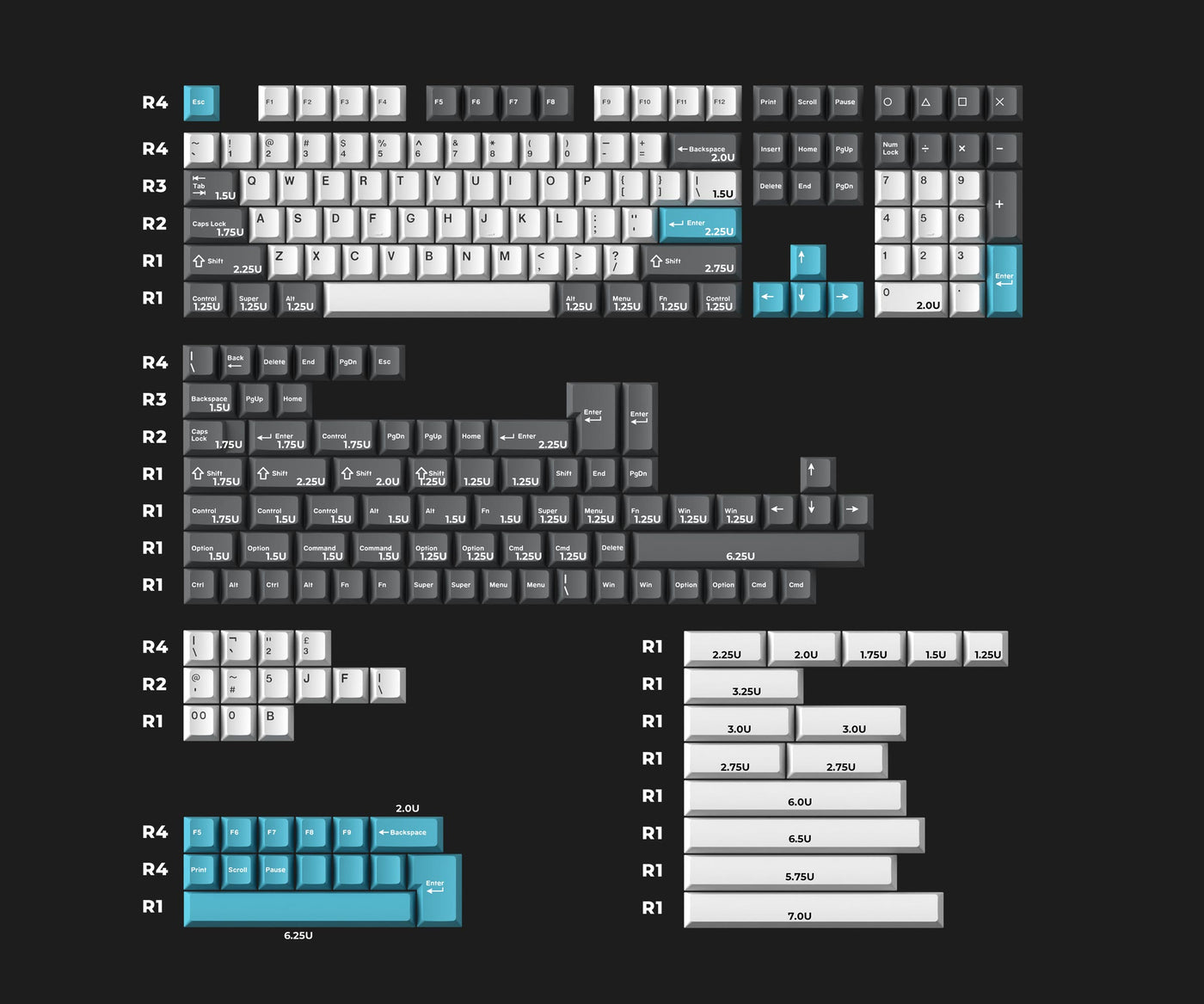 Cherry Profile Double - Shot PBT Full Set Keycaps - Grey, White, and Blue