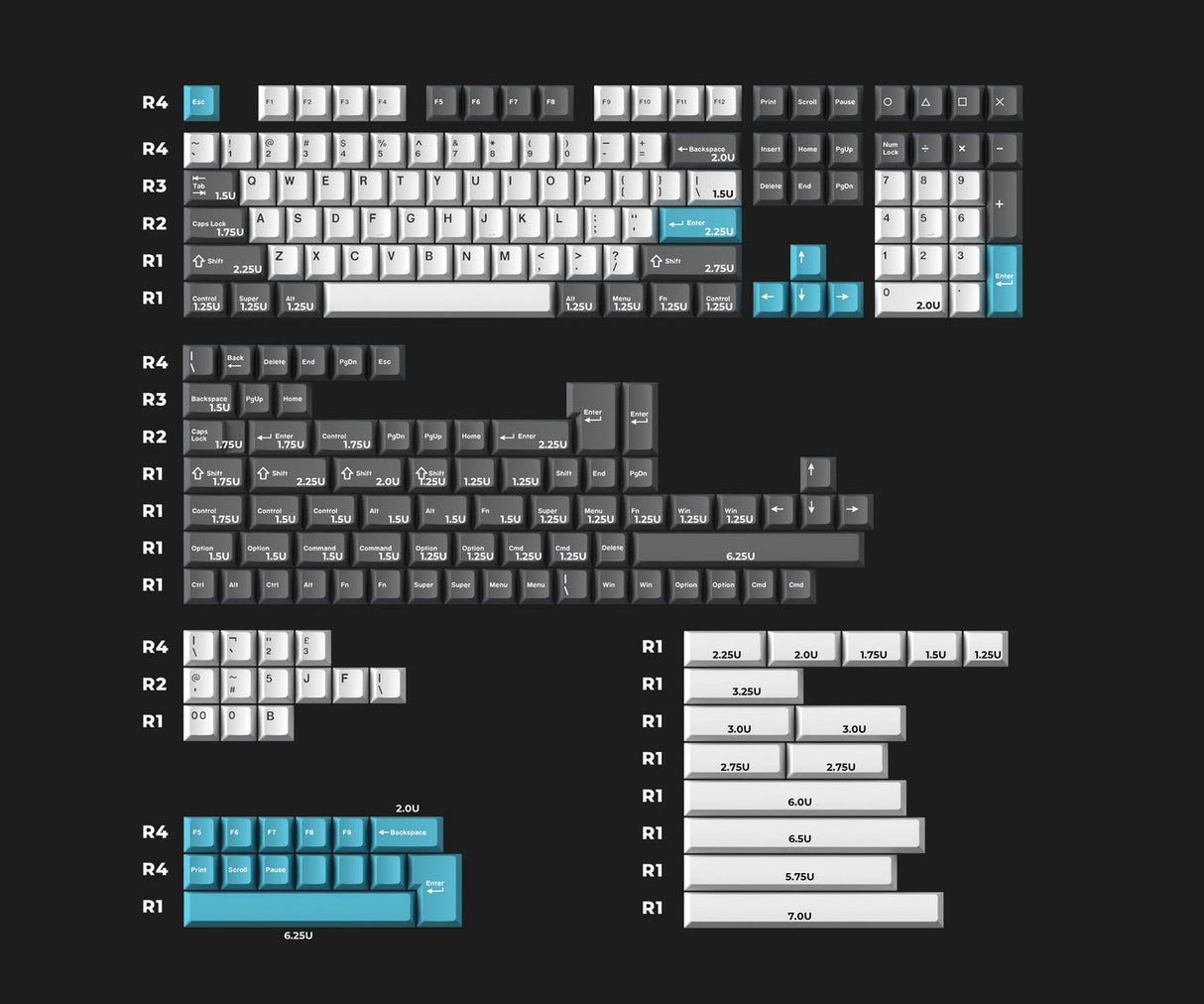 Cherry Profile Double - Shot PBT Full Set Keycaps - Grey, White, and Blue